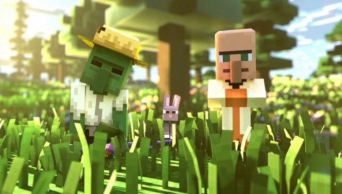 Ani image of a Villager and Zombie Farmer in Minecraft Legends