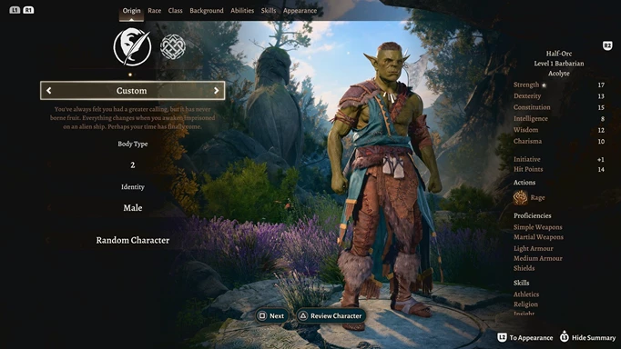the Baldur's Gate 3 character creation screen showing a half-orc race