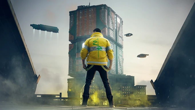 Image of a character in a yellow jacket facing away from the camera in Cyberpunk 2077