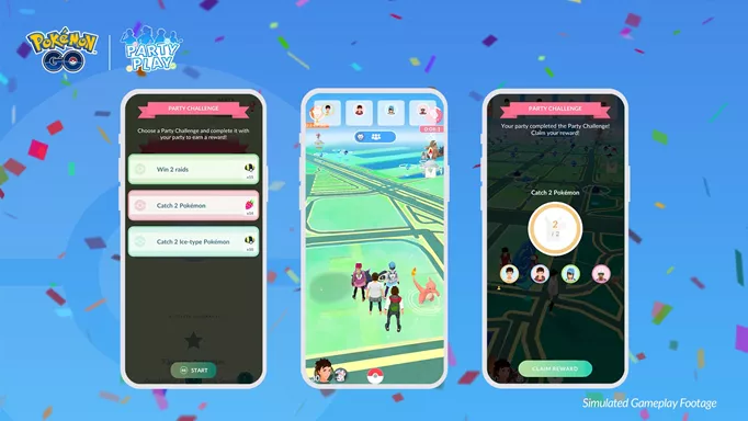 Joining a party in Pokemon GO Party Play, along with Party Challenges