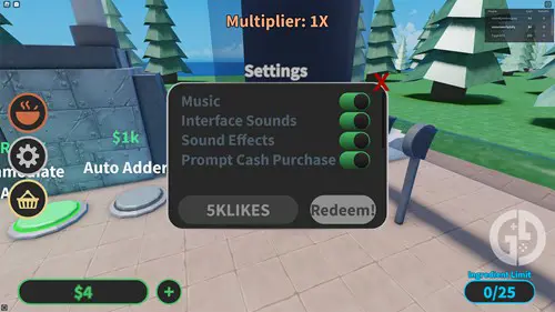 Code redemption screen for Soup Factory Tycoon
