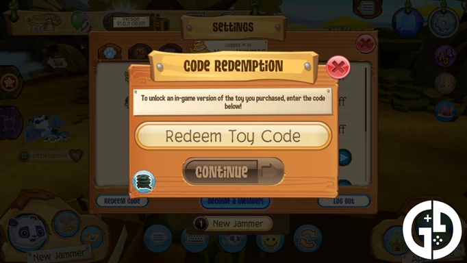 The menu to redeem Animal Jam codes