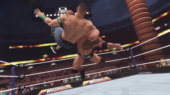 WWE 2K23 Release Date: The Rock hitting the Rock Bottom on John Cena