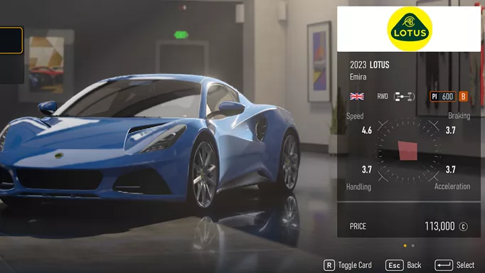 The Lotus Emira, the fastest b-class car in Forza Motorsport
