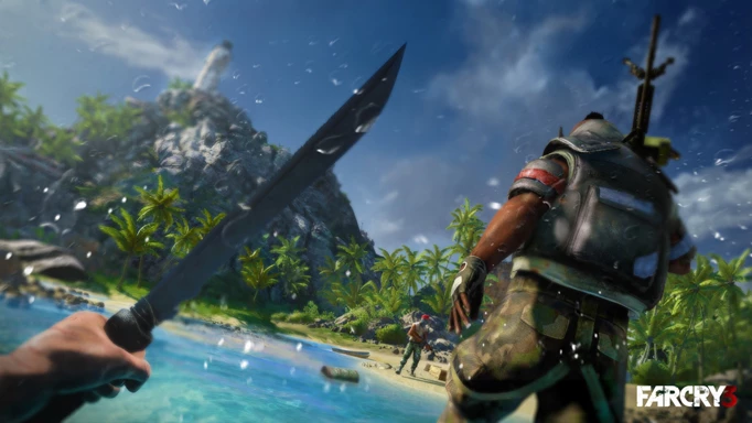 The protagonist leaps from the water, machete in hand, in Far Cry 3.