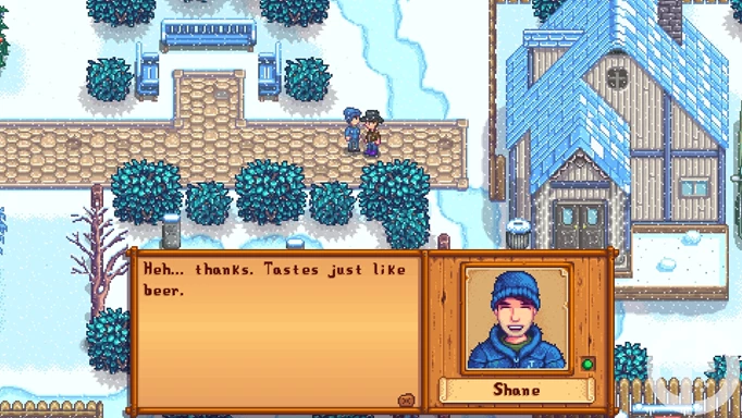 Image of Shane after being given Stardrop Tea in Stardew Valley