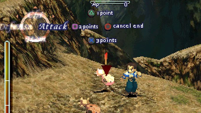 A character interacting with an animal in Xenogears.