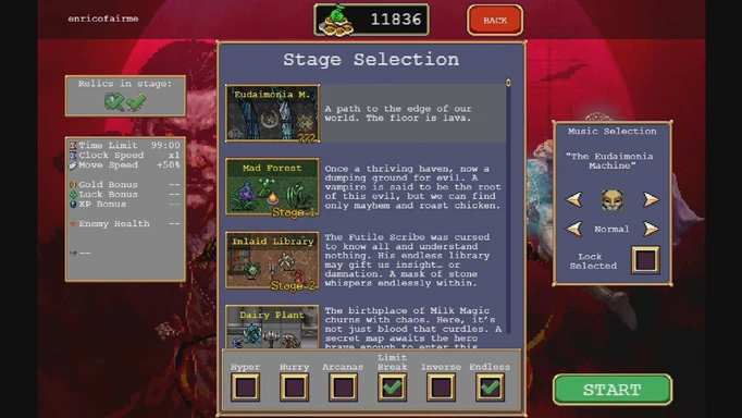 The stage and level select screen in Vampire Survivors