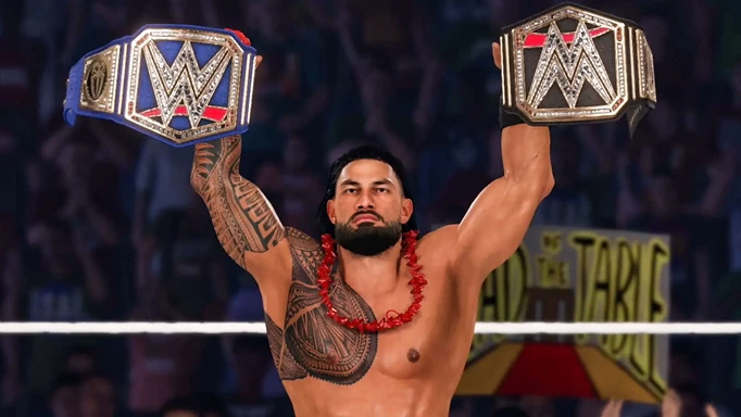 WWE 2K23 Locker Codes: Roman Reigns holding up both of his belts