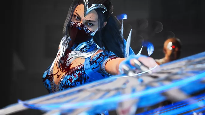 Mortal Kombat 1's Kitana, with blood splattered down her torso.