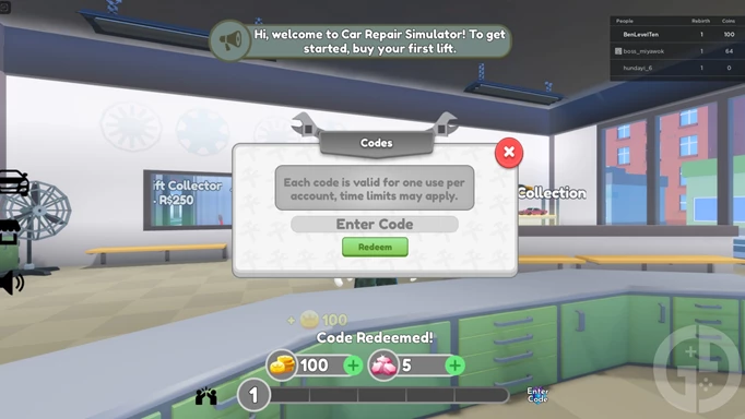 Getting 100 Coins for being able to redeem one of the Car Repair Simulator codes