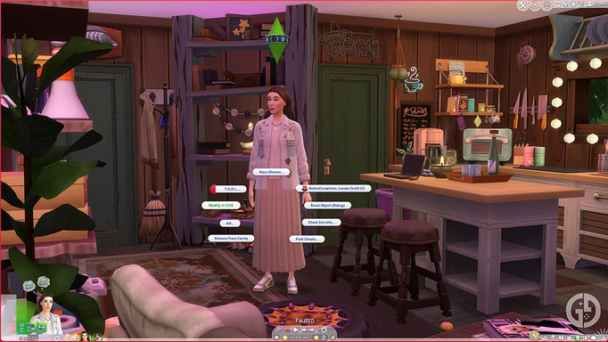 Image of a Sim standing with a pie menu open showing the Modify in CAS setting