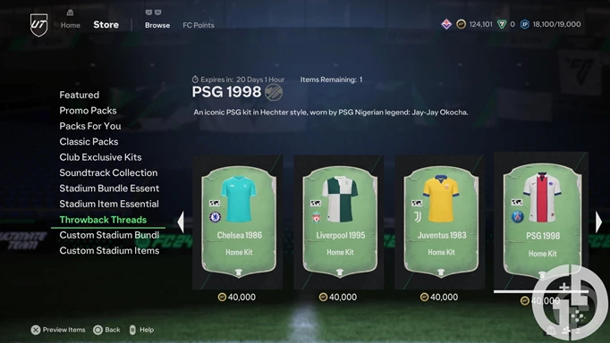 Image of the Throwback Threads kits in the Ultimate Team store in EA FC 24