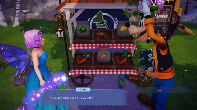Screenshot of Goofy's Stall in the Peaceful Meadow biome, Disney Dreamlight Valley