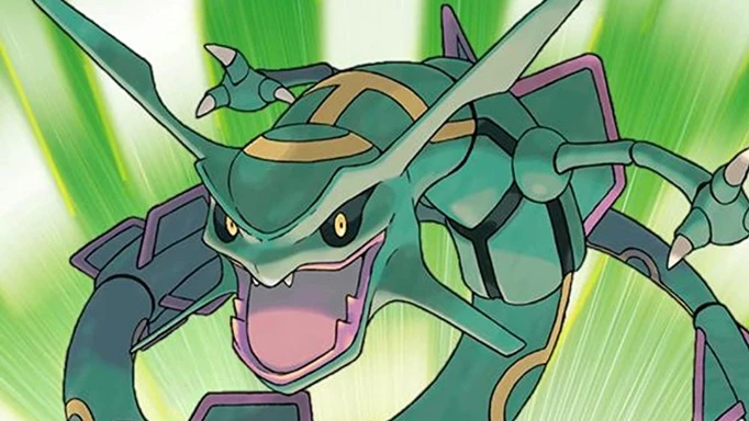 Key art from Pokémon Emerald showing the legendary Pokémon, Rayquaza