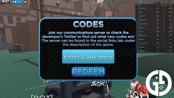 The menu to redeem Friday Night Bloxxin' codes