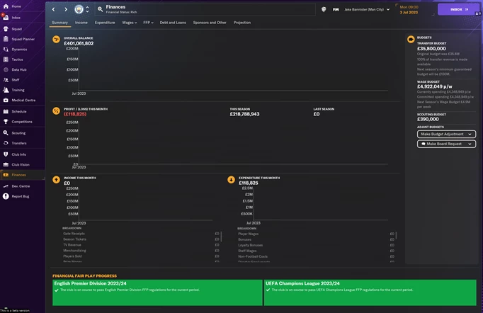 Manchester City budget in FM24