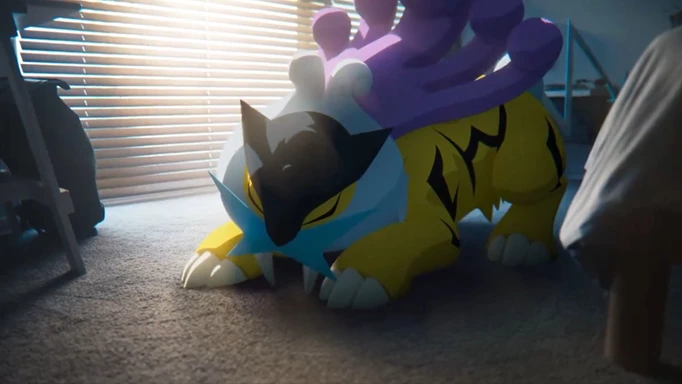 Raikou sleeping in a trailer for Pokemon Sleep