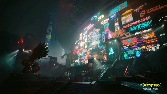 A bright wall of advertisements in Cyberpunk 2077: Phantom Liberty.
