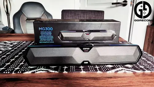 The Edifier MG300 Multimedia Speaker on display with the box