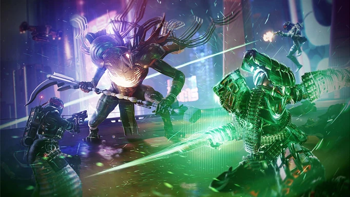 Guardianes luchando contra un tormentador en la caída de la luz de la expansión de Destiny 2