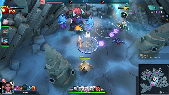 Image shows players fighting a boss character in EVERCORE Heroes in a rocky cave area