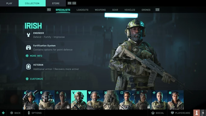 A soldier called Irish is shown on screen with his abilities detailed on the left.