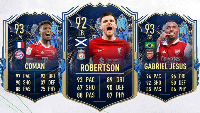 Key art showing the FIFA 23 Coman, Robertson, and Jesus Community TOTS cards