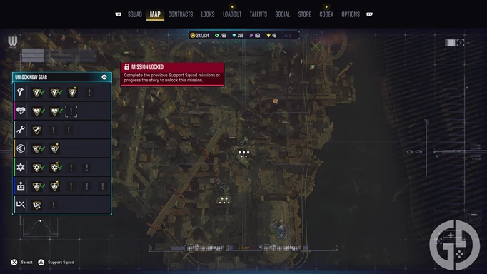 The map showing a Hack side mission to unlock more contracts in Suicide Squad