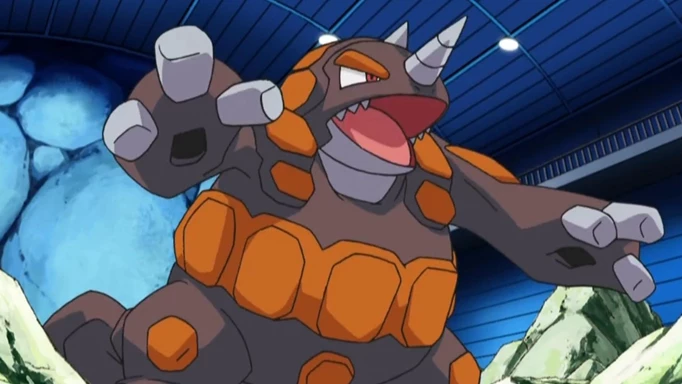 Rhyperior gears up for a fight in the Pokemon anime.