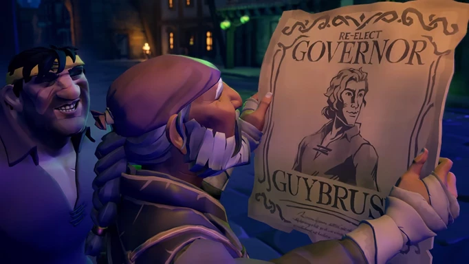 Players finding an election poster for Governor Guybrush Threepwood