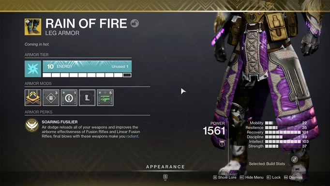 The stats page for the Rain of Fire Warlock exotic leg armour