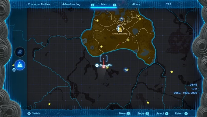 The location of the Hyrule Field Skyview Tower on the map