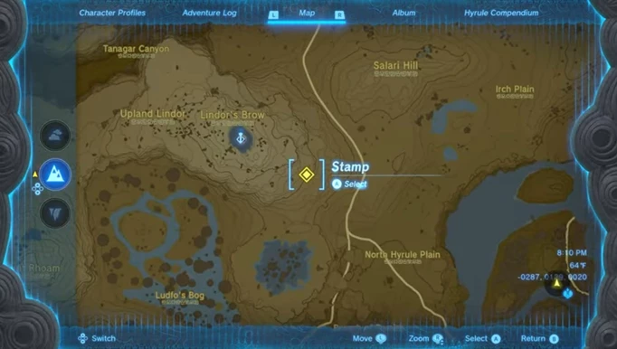 Image shows a map from The Legend of Zelda Tears of the Kingdom. It is where Hestu is located indicated by a stamp