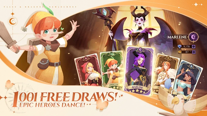Tales & Dragons: New Journey key art with text "1001 free draws! Epic Heroes Dance!"