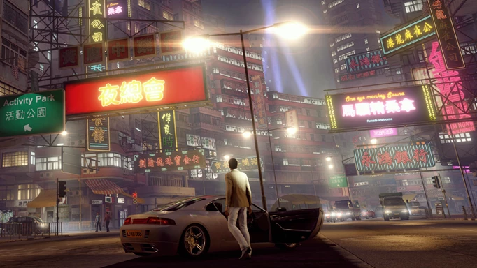 Sleeping Dogs gameplay screenshot of a man getting into a car