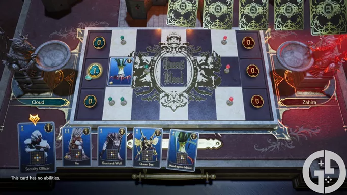 Image of a Queen's Blood board with one card played in Final Fantasy 7 Rebirth