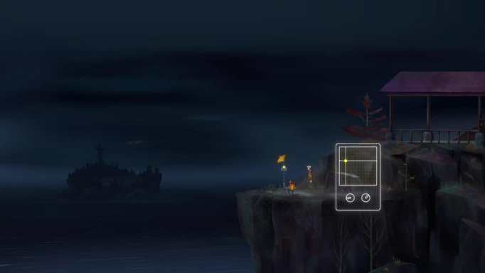 Tuning a radio beacon in Oxenfree 2 with Edwards Island in the background