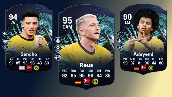 Image of TOTS Moments cards Sancho, Reus, and Adeyemi in EA FC 24