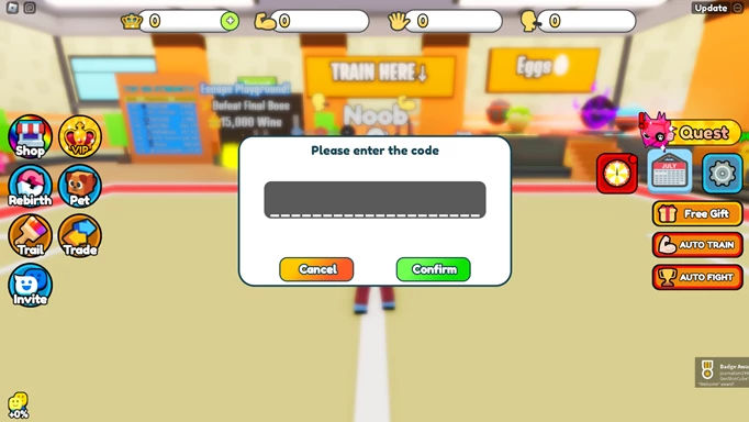 Codes redemption page in Palm Slap Friends SImulator