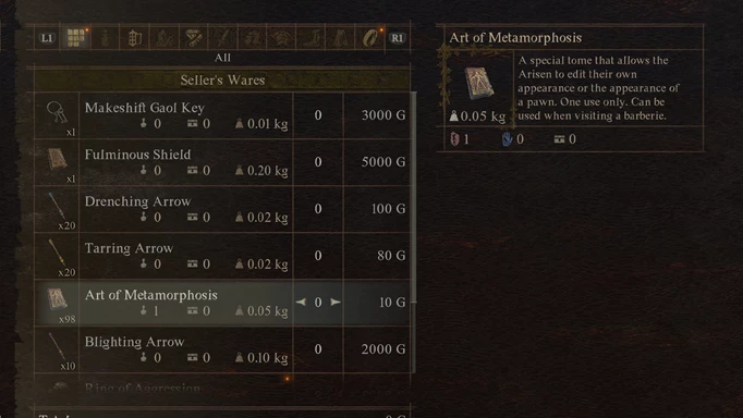 Buying the Art of Metamorphosis for 10 gold in DD2