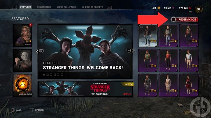The in-game store for Dead by Daylight, with an arrow in the top right corner indicating where to redeem codes