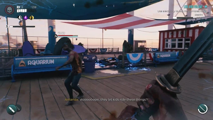 an image of Dead Island 2 gameplay where zombies are being electrocuted in Like and Follow