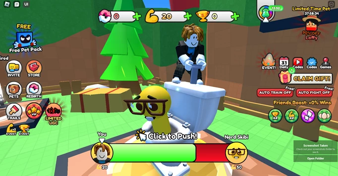 A Roblox character flushes a nerd Skibi in Skibi Battle Simulator