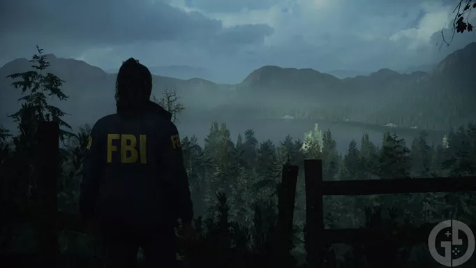 Saga Anderson looks out over the view of Cauldron Lake in Alan Wake 2