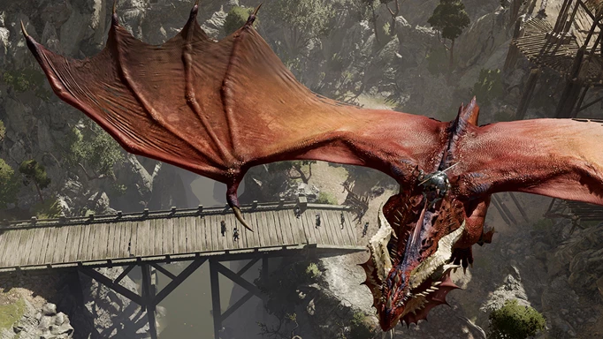 An image of a dragon flying over the party in Baldur's Gate 3