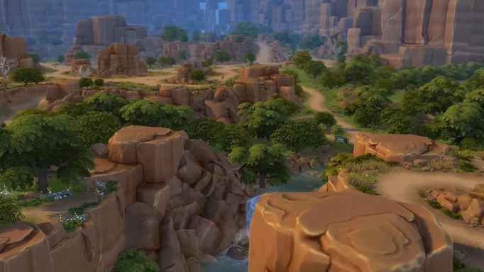 A screenshot of Galloping Gulch, a neighborhood in The Sims 4 Horse Ranch
