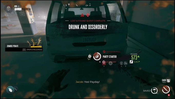 an image of Dead Island 2 gameplay showing the White SUV Trunk and the Party Starter Legendary weapon