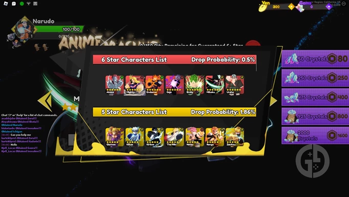 an image of the character drop list in Anime Warriors