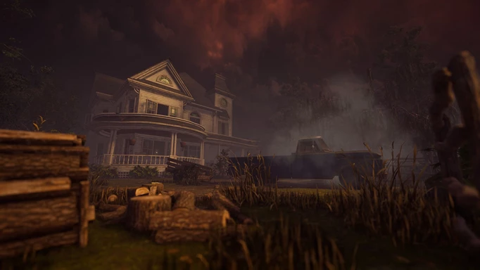 The Garden of Joy, a map in the Withered Isle Realm in Dead by Daylight. A large house overlooks a dilapidated truck with a red ominous sky